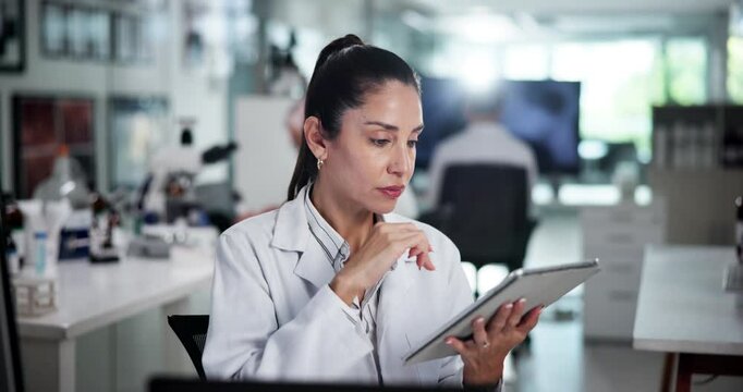 Tablet, woman and scientist thinking of research, problem solving and typing online in laboratory. Medical, science and doctor with technology for pharma, insight and reading peer review journal