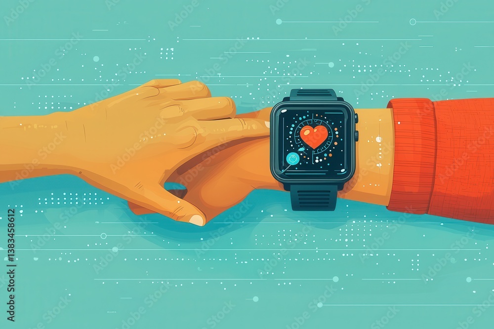 Poster Hands Connecting Over a Smartwatch Displaying a Heart Symbol on a Screen