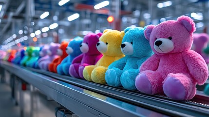 Modern plush toy production line inside a smart factory, modern plush toy production line with automated sewing and stuffing, modern plush toy production line featuring colorful soft toy manufacturing