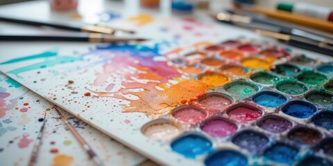  Close up of a palette with vibrant watercolor paints, brushes, and partially completed artwork. Soft, diffused lighting