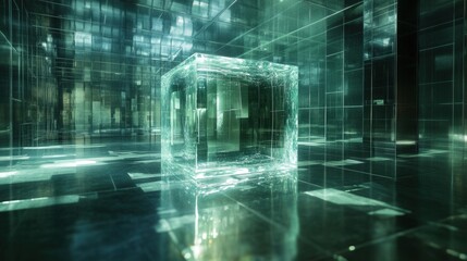 Fototapeta premium Futuristic digital interface showcasing abstract data streams and network connectivity with glowing green visual elements against a dark background.