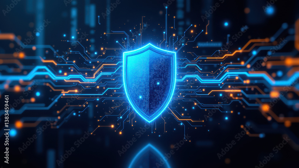 Poster the image depicts a shield symbol with digital circuits and glowing effects, representing cyber secu