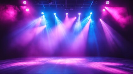 Dramatic Stage Lighting with Intense Blue and Purple Spotlights Illuminating Empty Dark Theater Performance Space for Concert or Show.