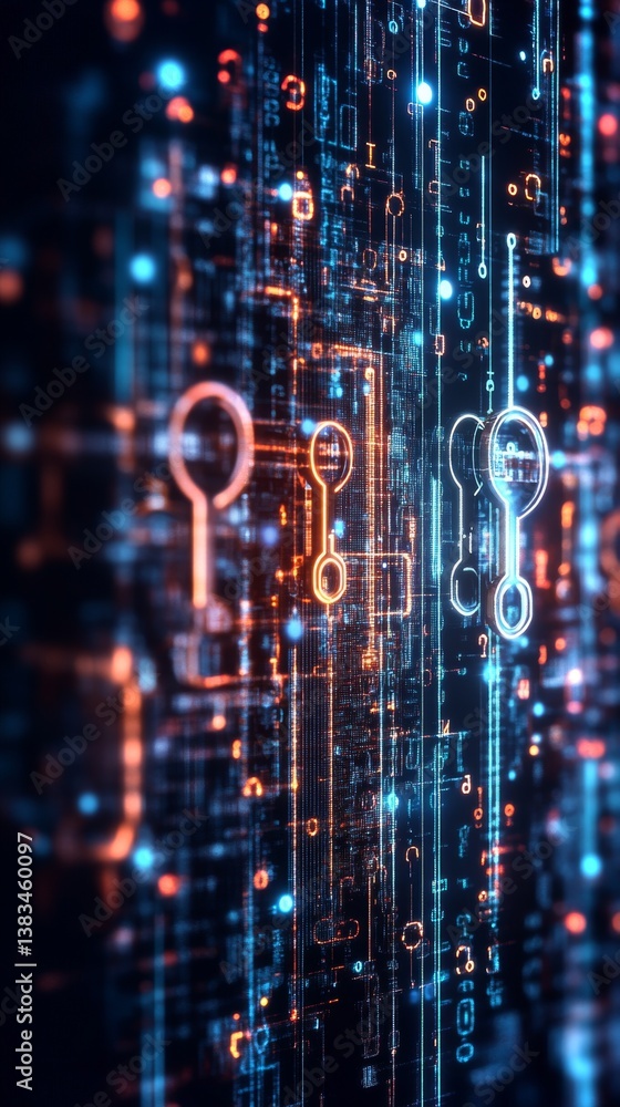 Aufkleber vertical futuristic keys and locks against a glowing abstract technology backdrop in digital space