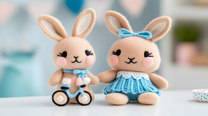 Obraz premium Two cute handcrafted toy rabbits sharing a sweet moment together