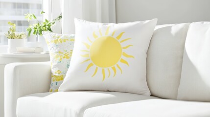 A sun-patterned throw pillow on a white couch, soft light,