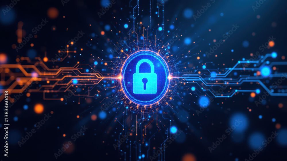 Poster cybersecurity shield with digital network background.
