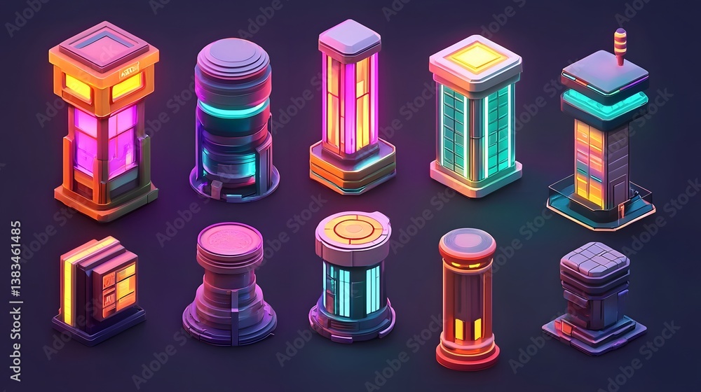 Poster a vibrant 3d rendered icon set featuring 12 futuristic and imaginative architectural structures incl