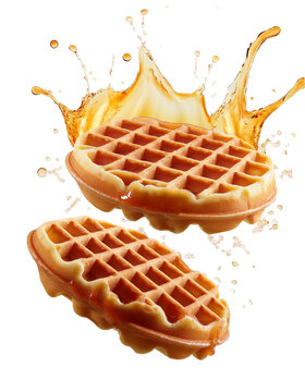 Two round waffles covered with sweet maple syrup on transparent background