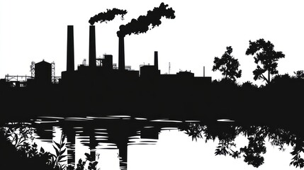 Obraz premium Industrial landscape silhouette, factory by river, trees, smoke
