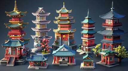 A vibrant and detailed 3D featuring a diverse collection of ornate oriental architectural structures including traditional temples pagodas shrines modern homes and office towers