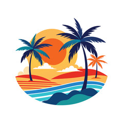 Fototapeta premium Bright beach scene with palm trees and waves at sunset vector illustration isolated on white background