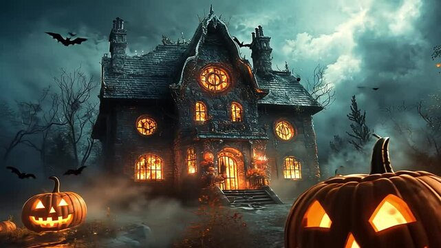 Haunted house surrounded by glowing pumpkins and bats in a spooky Halloween setting at night