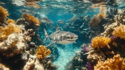 Obraz premium Underwater shark in coral reef, ocean, swimming