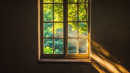 Fototapeta premium Soft Morning Light Streaming Through Window, Casting Warm Shadows on Wooden Sill, Cozy Interior Still Life.