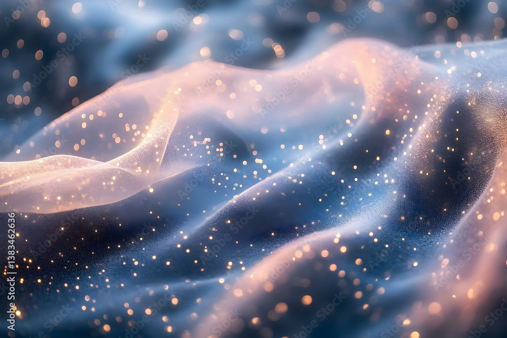 Poster an abstract image depicting glowing fabric and floating particles