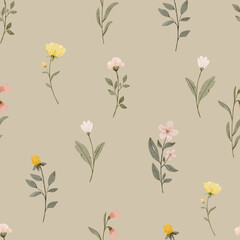 Botanical watercolor seamless pattern with wildflowers. Floral pastel background. Delicate floral and herb illustration.