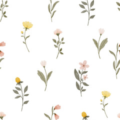 Botanical watercolor seamless pattern with wildflowers. Floral pastel background. Delicate floral and herb illustration.