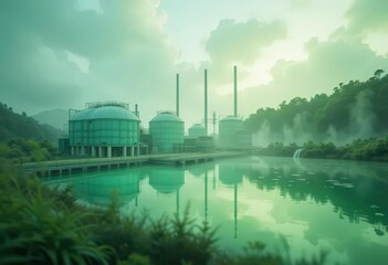 Naklejka premium Serene and Dreamlike Depiction of a Biogas Plant Using Pastel Hues