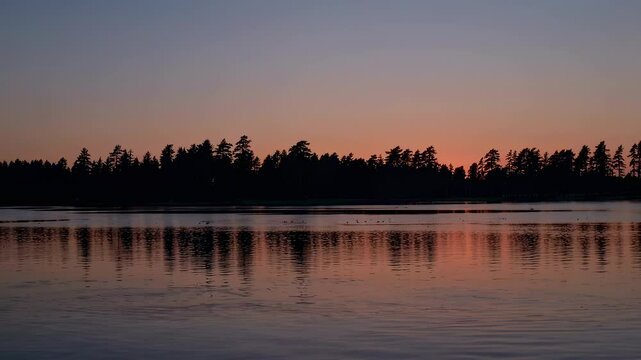Reflets des arbres au coucher du soleil sur un lac calme, silhouette de for&ecirc;t sombre et ciel orang&eacute;, ambiance naturelle paisible et po&eacute;tique en fin de journ&eacute;e