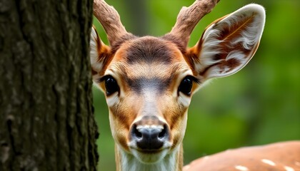 close up of a deer behind a tree