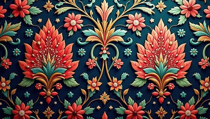 Elegant floral damask textile, intricate design, image, antique