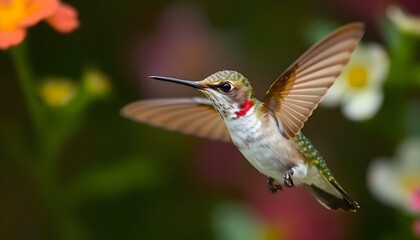 Fototapeta premium hummingbird flying in the air near flowers