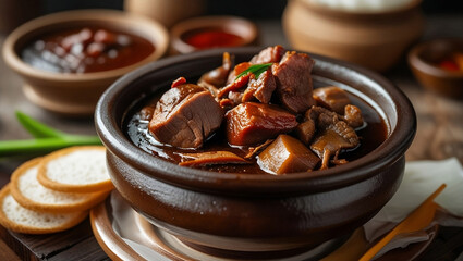 Dinuguan, a Filipino pork blood stew, served in a traditional clay pot or bowl 