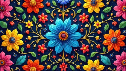 Intricate floral pattern, vibrant hues, continuous design, texture, pattern