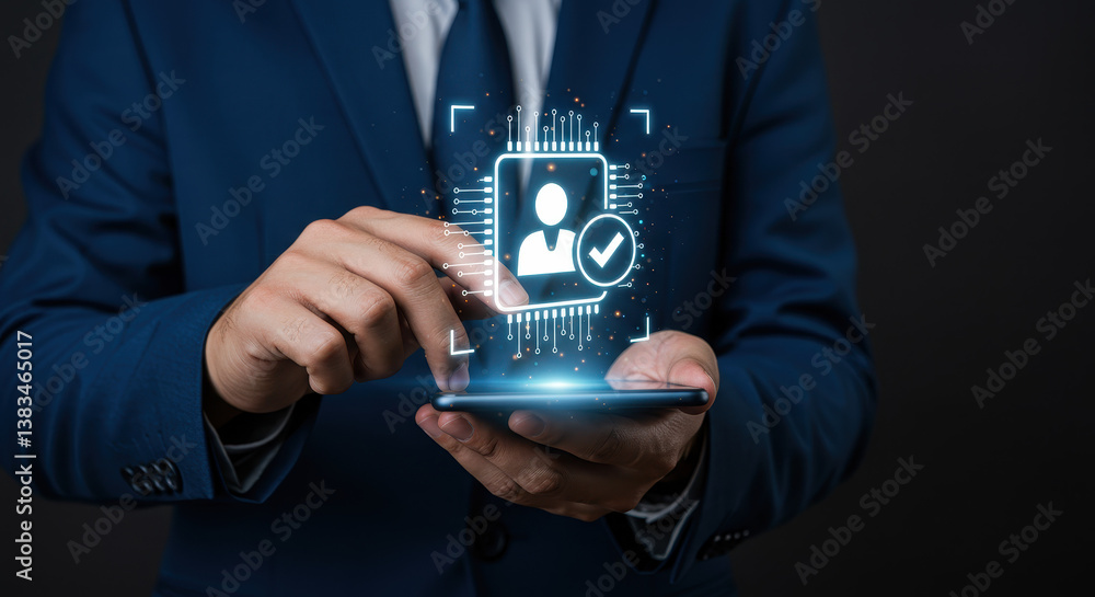 Poster secure digital identity: man verifying profile on phone. cybersecurity, authentication & trust!