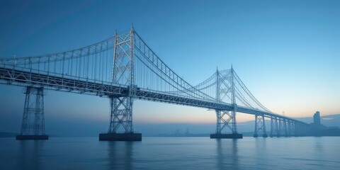  Blue Hour Bridge A precise, technical illustration of a cantilever bridge’s structural framework illuminated by the first light