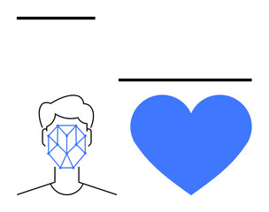 Face with recognition pattern next to blue heart symbolizing technology, AI, and emotional intelligence. Ideal for analytics, AI, innovation, human-computer interaction, privacy, emotion connection