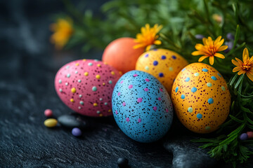 Fototapeta premium Vibrant Easter painted colorful eggs blooming spring perfect Paschal celebration background for banners, generative AI
