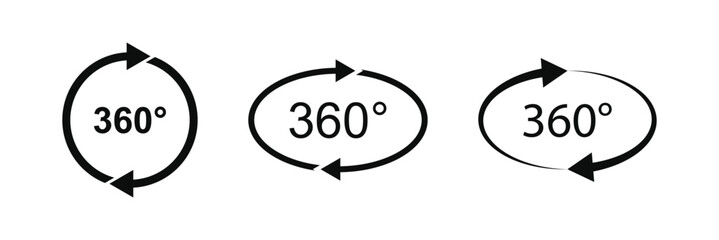 360 degrees vector icon set. Round signs with arrows rotation to 360 degrees. Vector illustration.