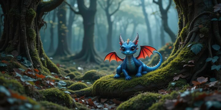  Mystical Woodland Dragon A charming depiction of a baby dragon nestled within a dark forest, hinting at mystery and enchantment.