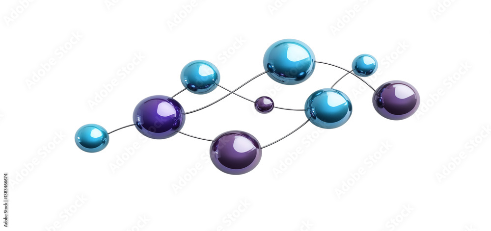 Poster Abstract image of interconnected glossy spheres in blue and purple hues, isolated on a transparent background.  Represents connection, network, or technology, ideal for  design projects png image
