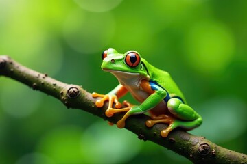 Naklejka premium Green tree frog perched on white, vibrant color , studio shot, one