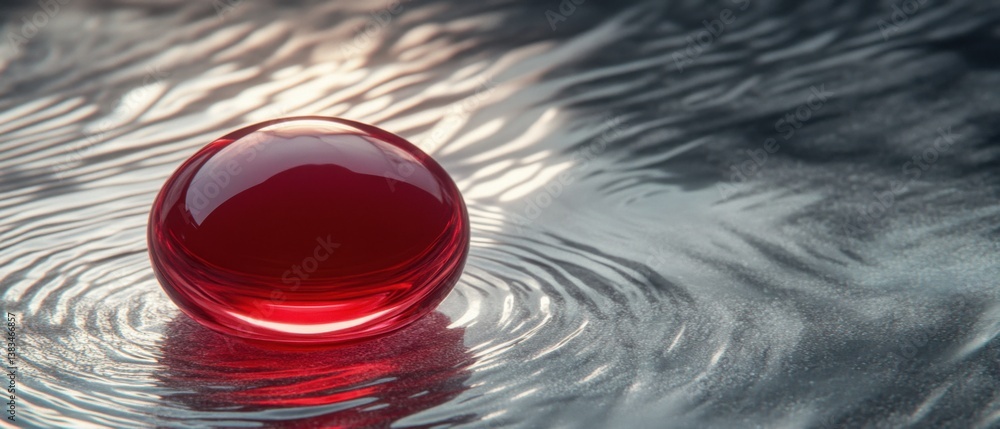 Poster red glass sphere reflecting light on rippled water surface creating abstract patterns and textures c