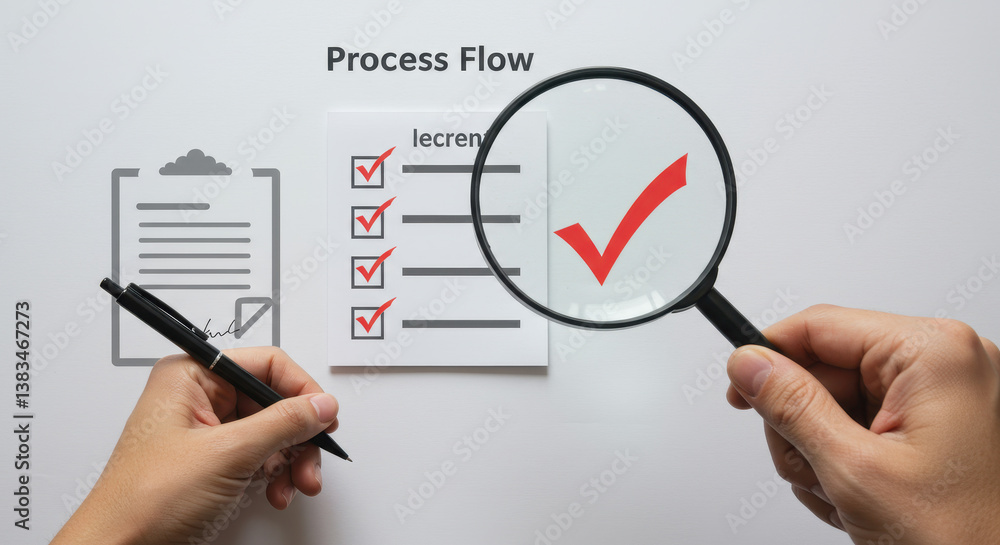 Poster process flow perfection: magnifying checks & pen for approvals, efficiency, & task completion! check