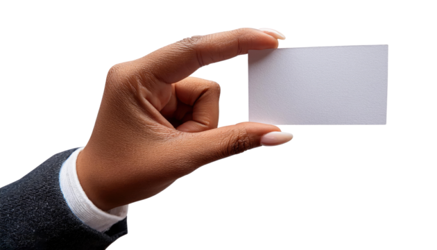Hand displaying a business card isolated on PNG white transparent background.
