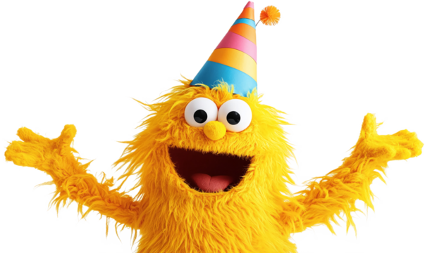 Fluffy yellow monster wearing a party hat, isolated on a transparent background, png image, joyful expression symbolizing celebration and fun