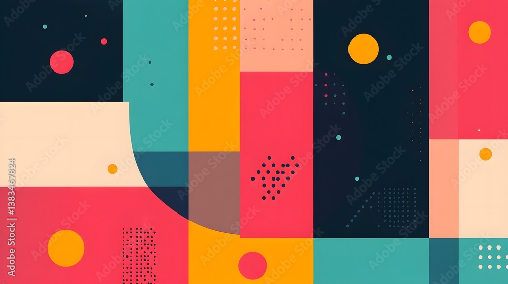 Poster playful geometric abstraction with floating shapes in pastel and muted tones