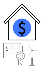House outline featuring dollar symbol, certificate with ribbon, and wind turbine. Ideal for finance, energy efficiency, renewable energy, home savings, eco-friendly investments, certifications