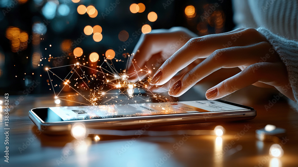 Poster person interacts with smartphone, creating digital network effect with glowing connections, symbolizing technology and connectivity. scene is illuminated by warm bokeh lights, adding magical touch
