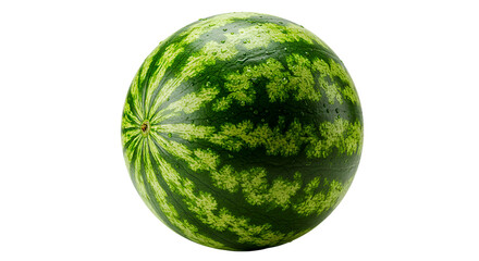 A close up shot of a whole watermelon with green stripes and water droplets on a black background