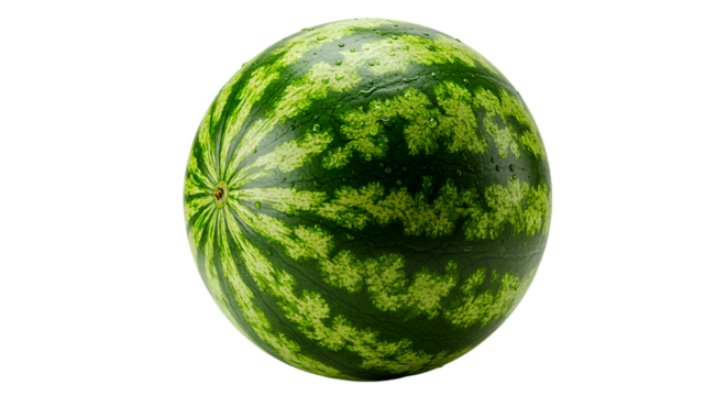 A close up shot of a whole watermelon with green stripes and water droplets on a black background