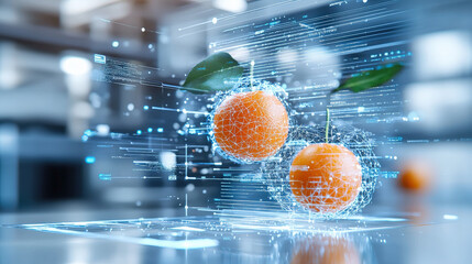 3D model of genetically modified fruits designed with digital elements, showcasing futuristic technology in agriculture. vibrant oranges are surrounded by digital grids