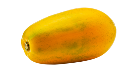 A single yellow papaya fruit with slight green patches isolated against a black background studio shot