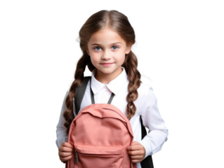 Young Girl with Backpack Ready for School, Smiling Confidently isolated on a transparent background.