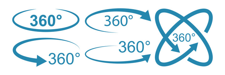 360 degree icon set. Symbol with arrow to indicate the rotation, virtual reality or panoramas to 360 degrees. Eps 10.